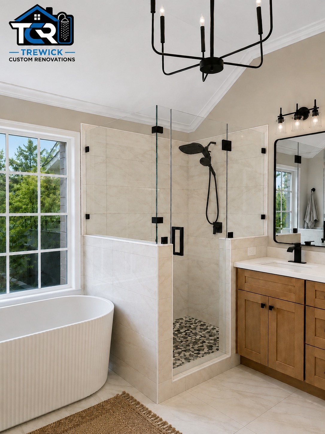 Primary bathroom remodel with freestanding tub, custom shower and natural wood vanity