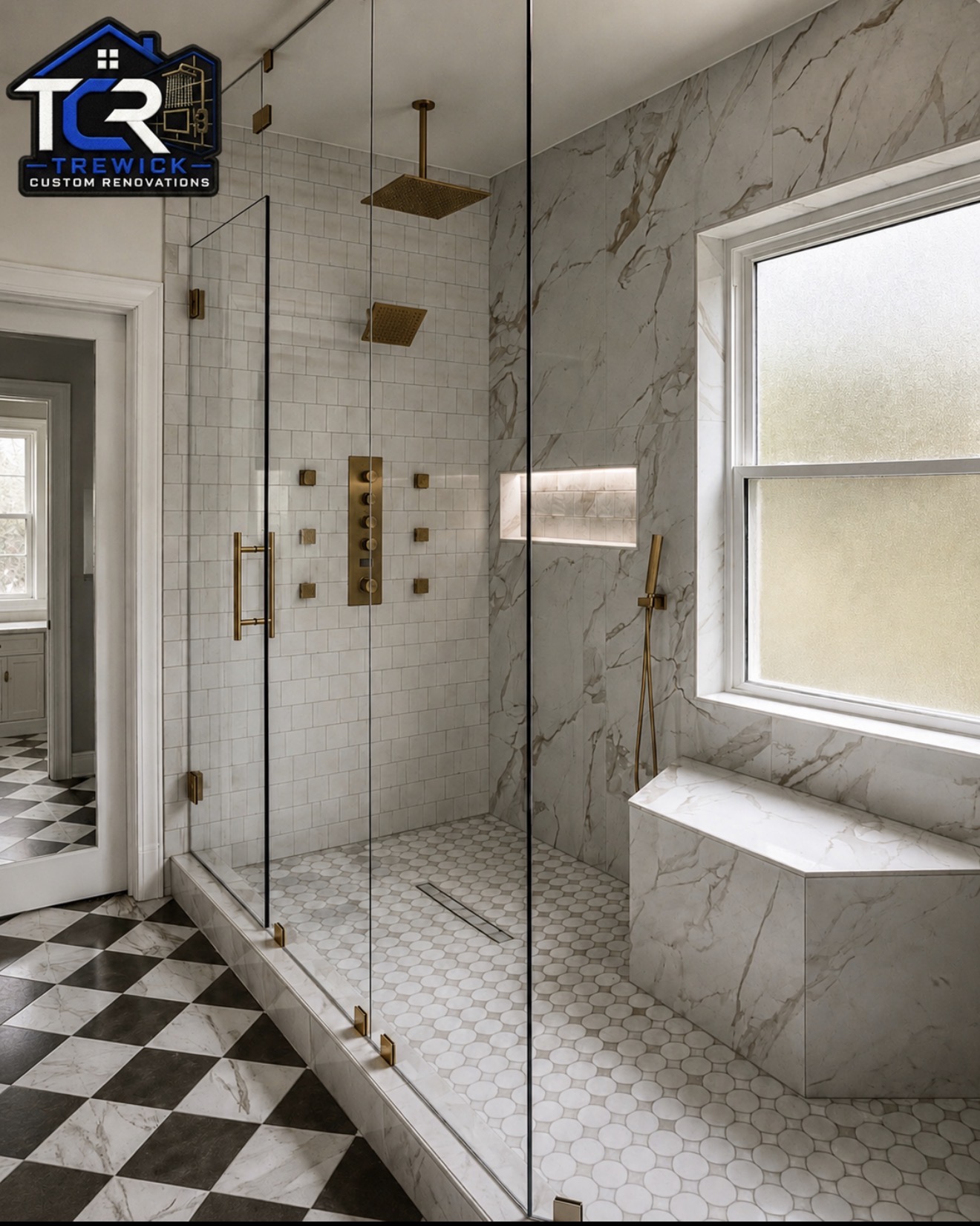 Luxury custom walk-in shower with marble-look tile, frameless glass, bench, niche and multiple brass shower fixtures
