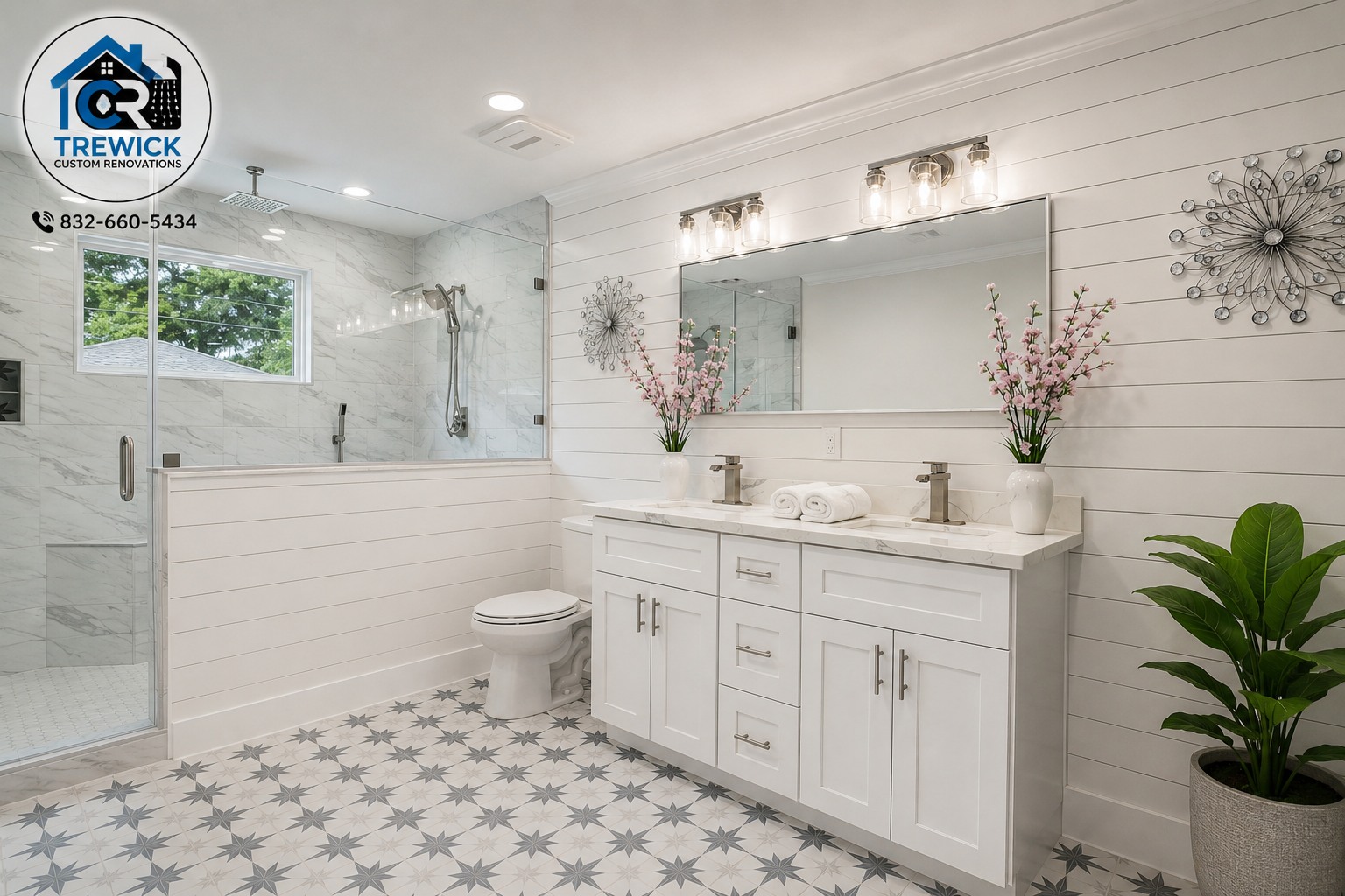 Bright complete bathroom remodel with double vanity, custom shower and patterned floor