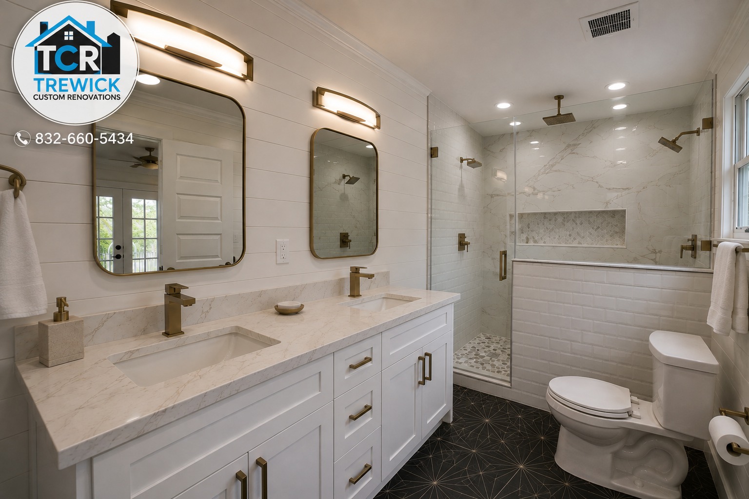 Luxury white bathroom remodel with double vanity, frameless shower and premium brass details