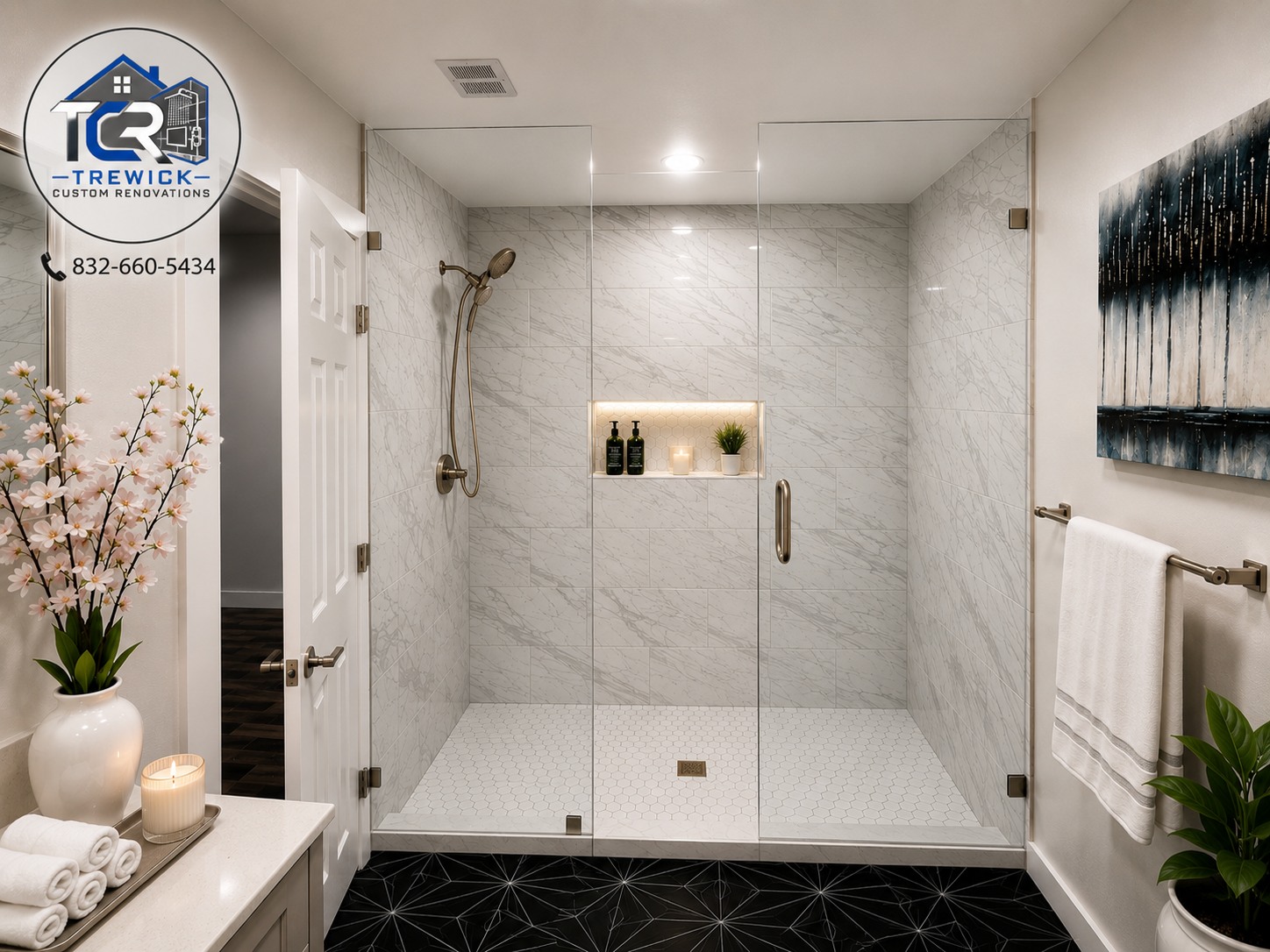 Bright marble-look walk-in shower with frameless glass and geometric floor tile