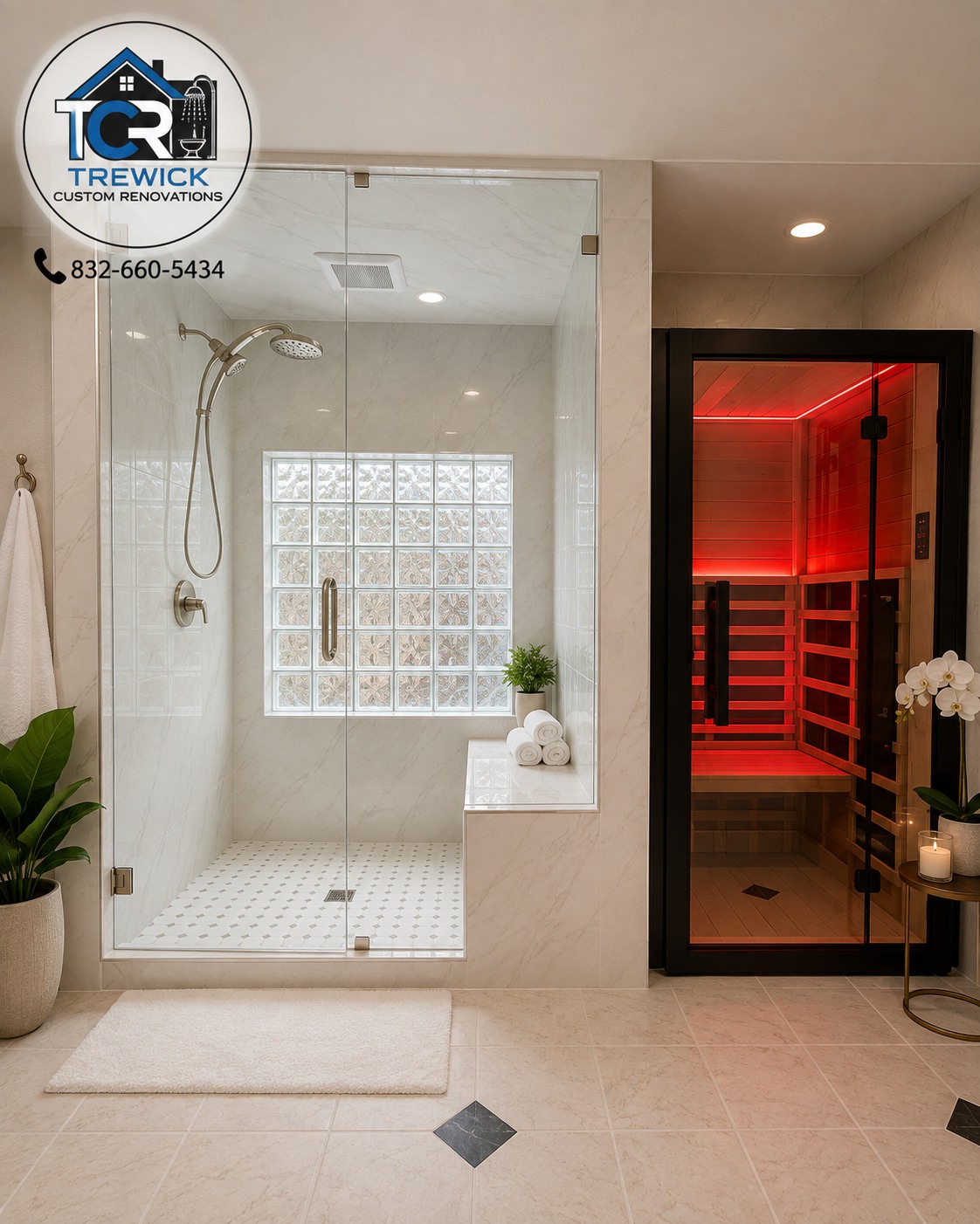Polished Trewick Custom Renovations walk-in shower and private sauna project